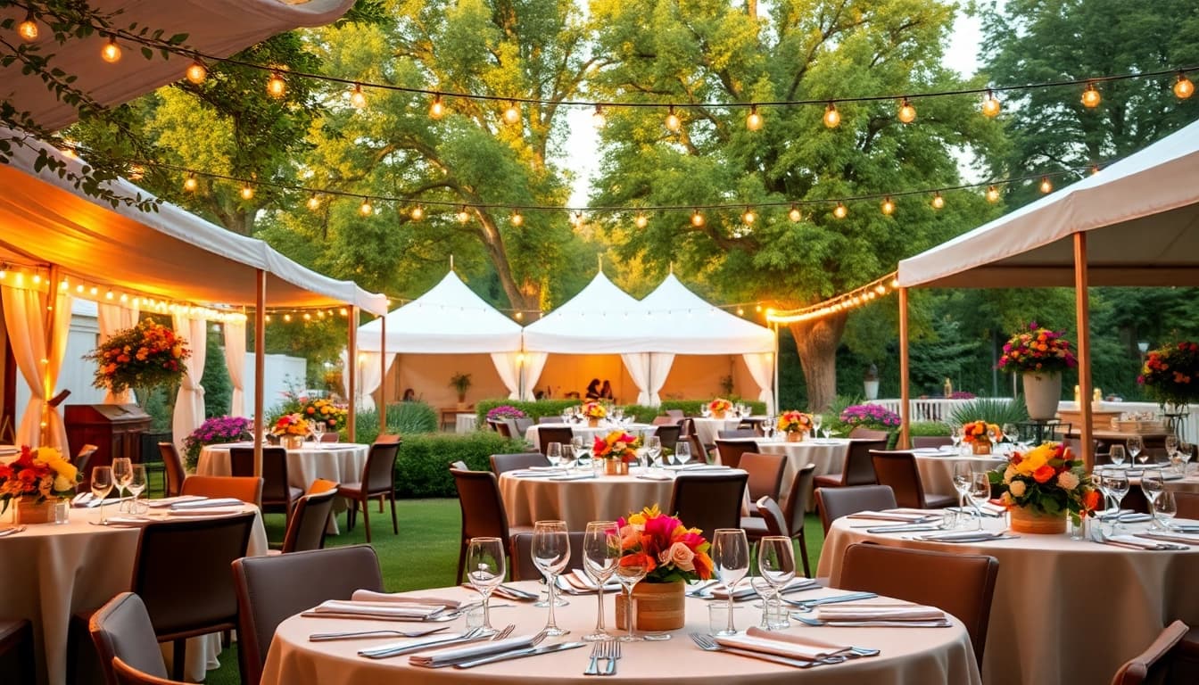 Transform your events with stunning Event Rentals featuring elegant tents and vibrant settings.