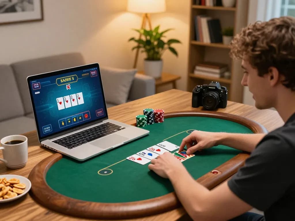 Kuwin player enjoying a poker game on their laptop, showcasing strategy and engagement in a cozy home setting