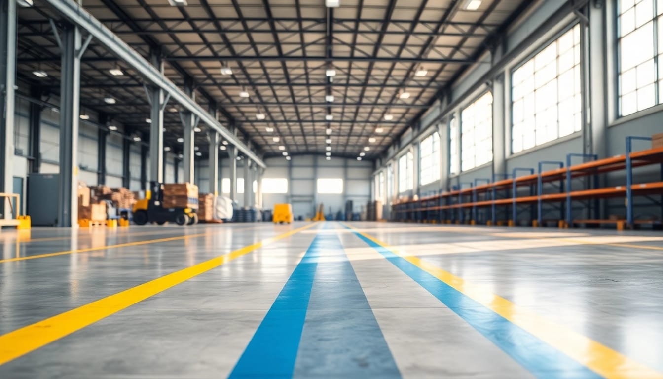 Warehouse floor striping Jackson MS highlighting efficient line designs and a polished concrete surface.