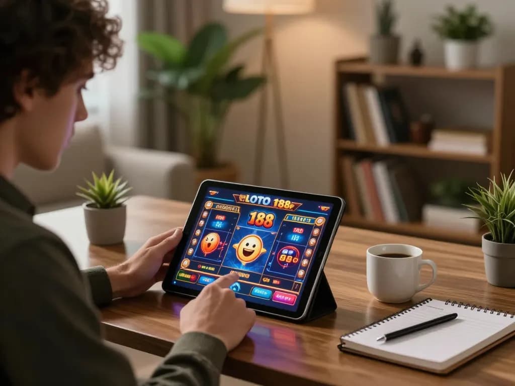 Engaged player mastering LOTO 188 strategies on tablet in stylish home gaming setup.