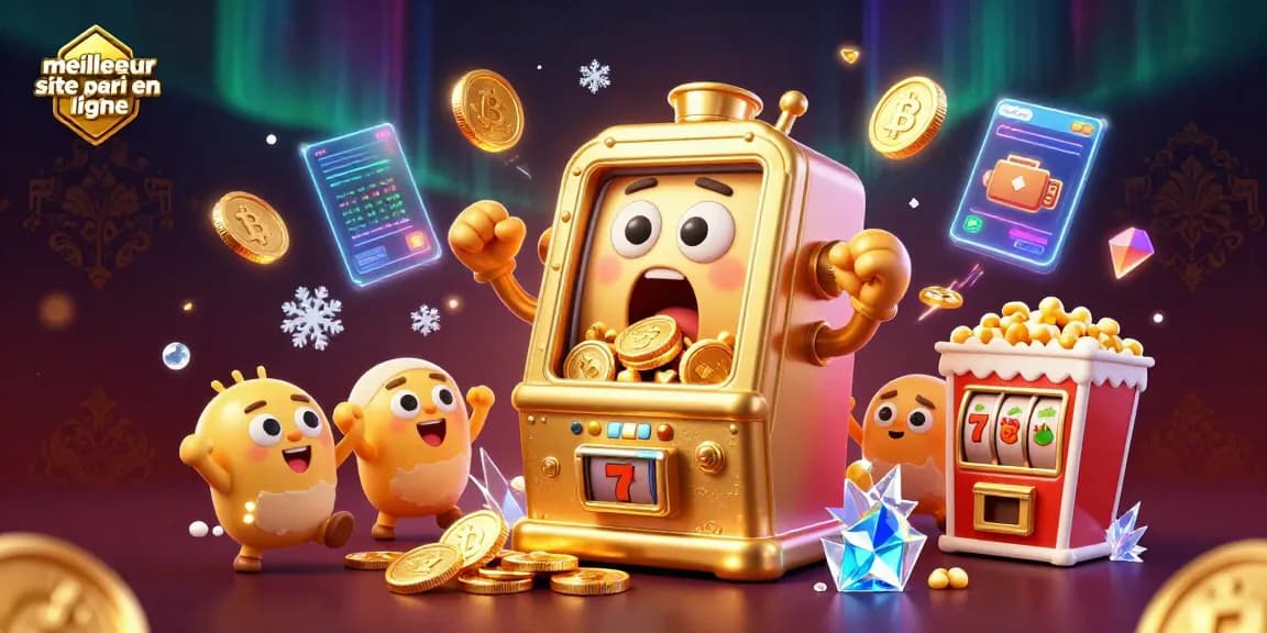 Découvrez le meilleur site de pari en ligne avec une machine à sous dorée récupérant ses gains, entourée de joyaux et de crypto-monnaies.