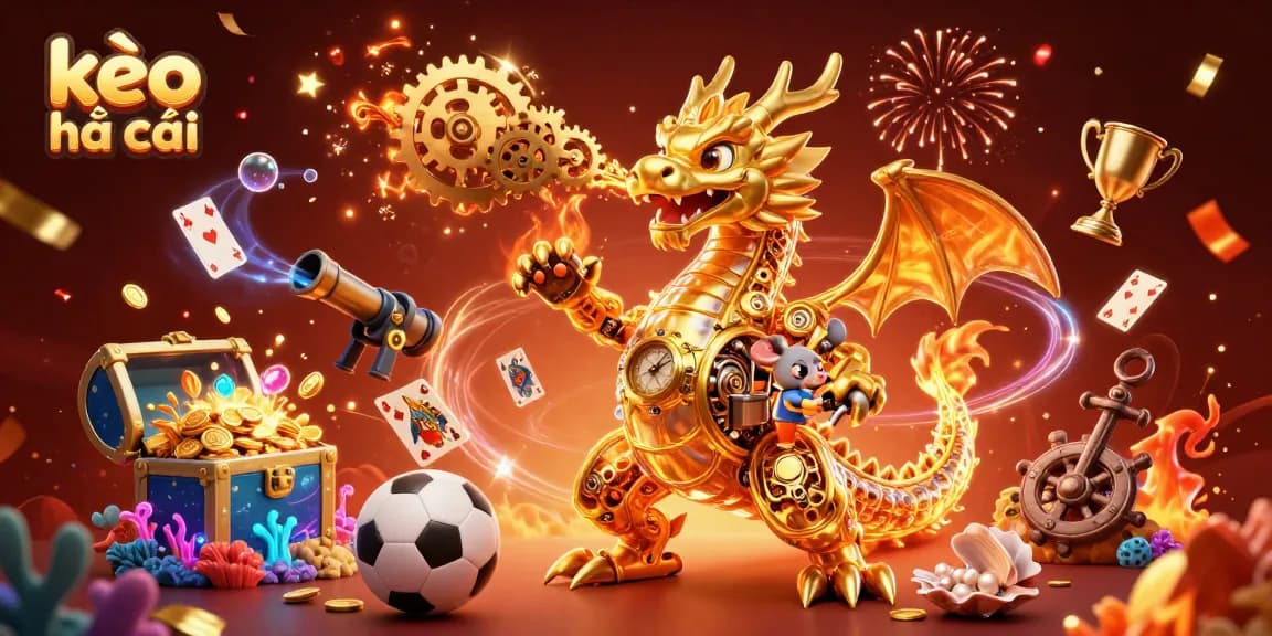 Engage in kèo nhà cái excitement with a 3D dragon, gold, and dynamic betting elements.