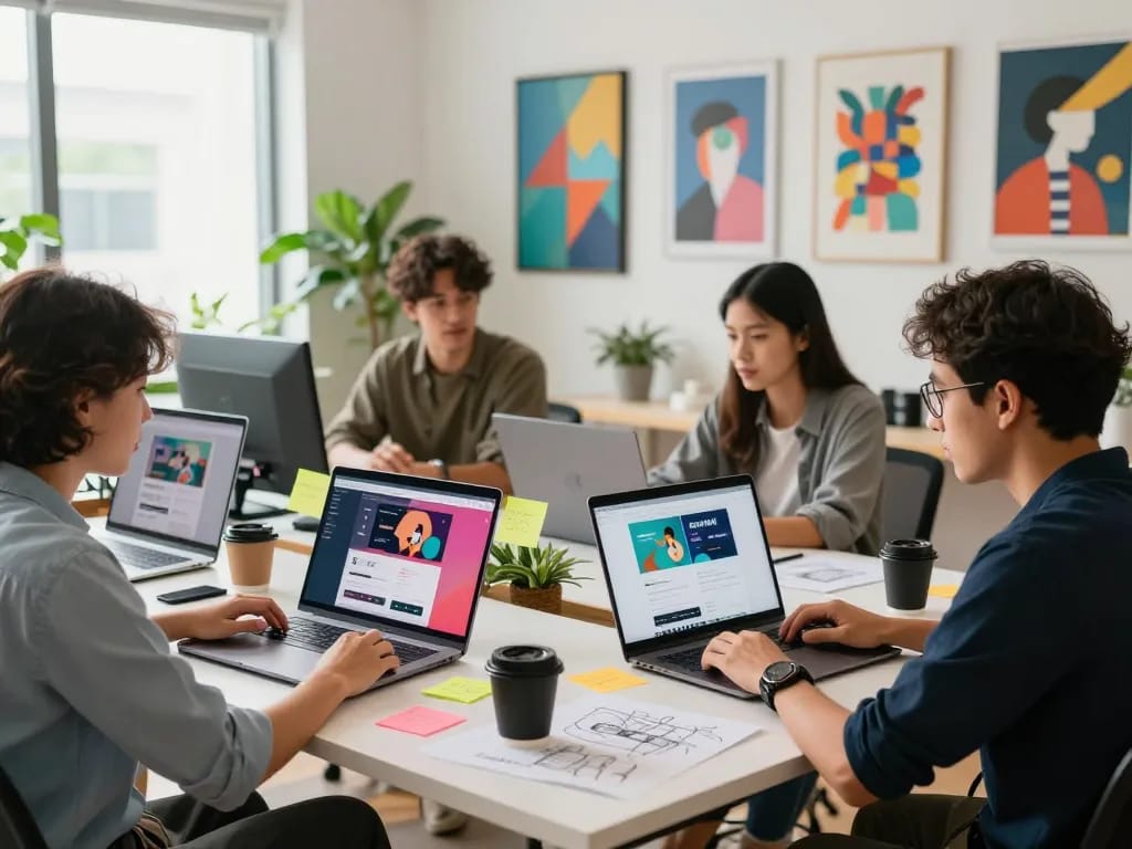 Freelance web designer team collaborating on vibrant website design Kuala Lumpur in a creative studio.