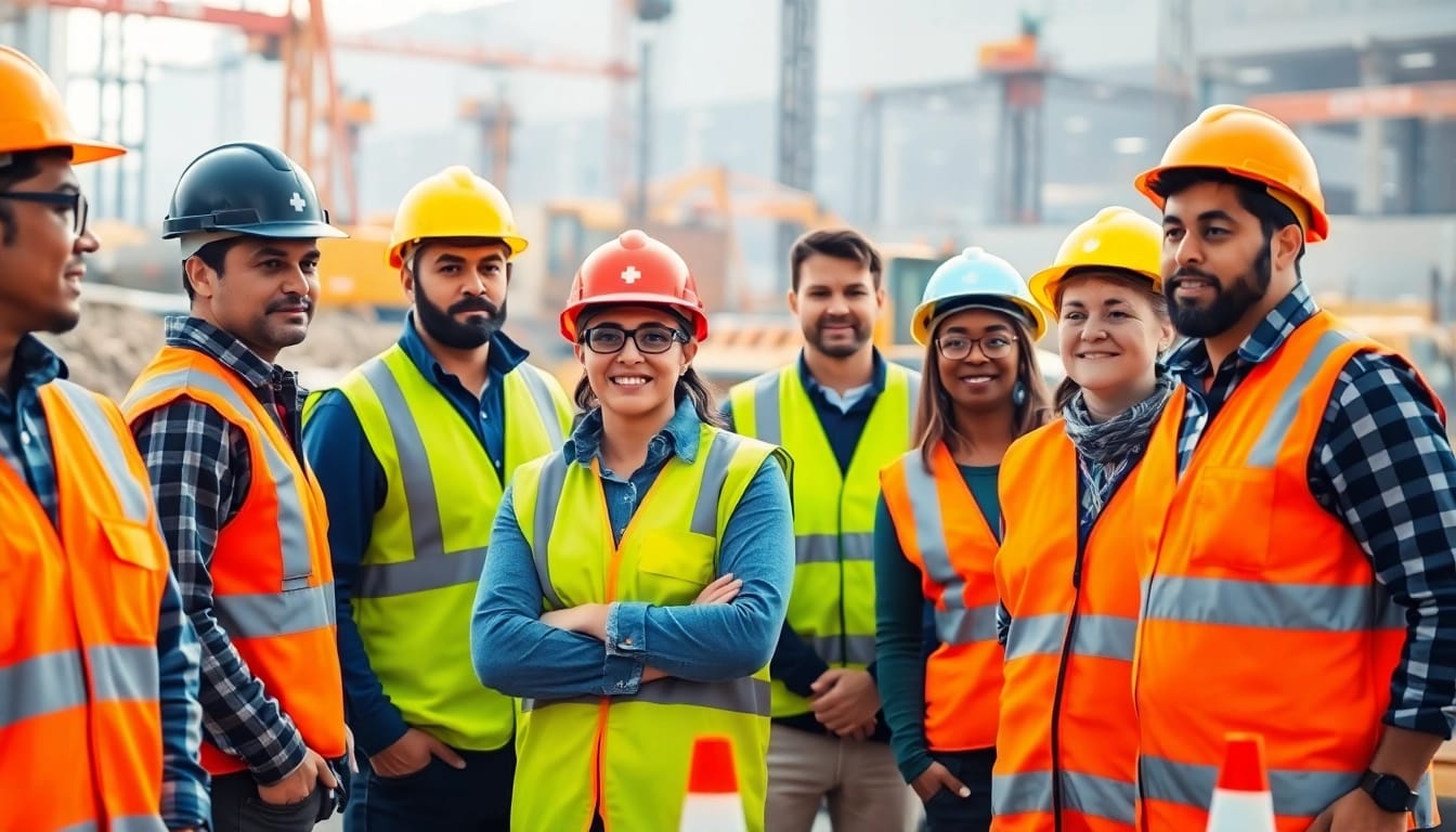 Enhance construction site safety training with workers practicing drills and using safety equipment.
