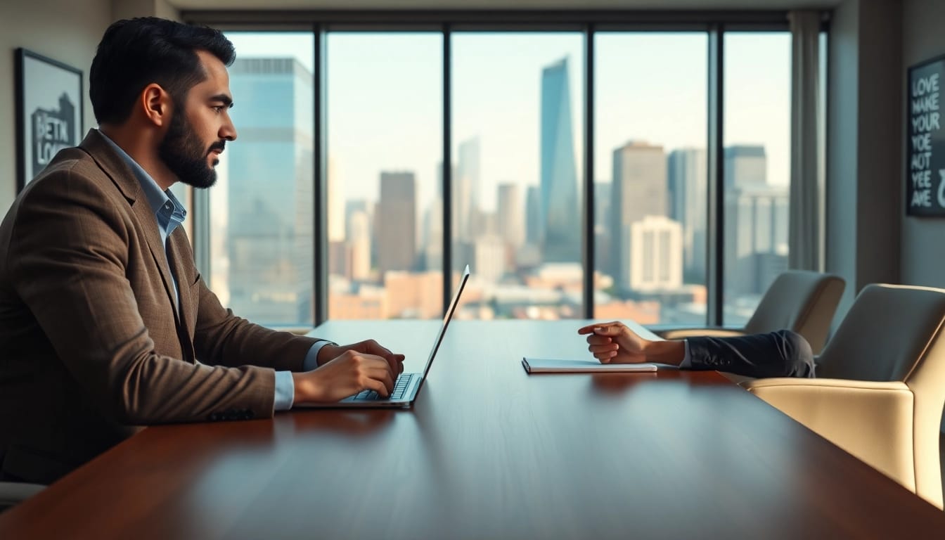 Corporate coach discussing strategies with a client in a modern office environment.