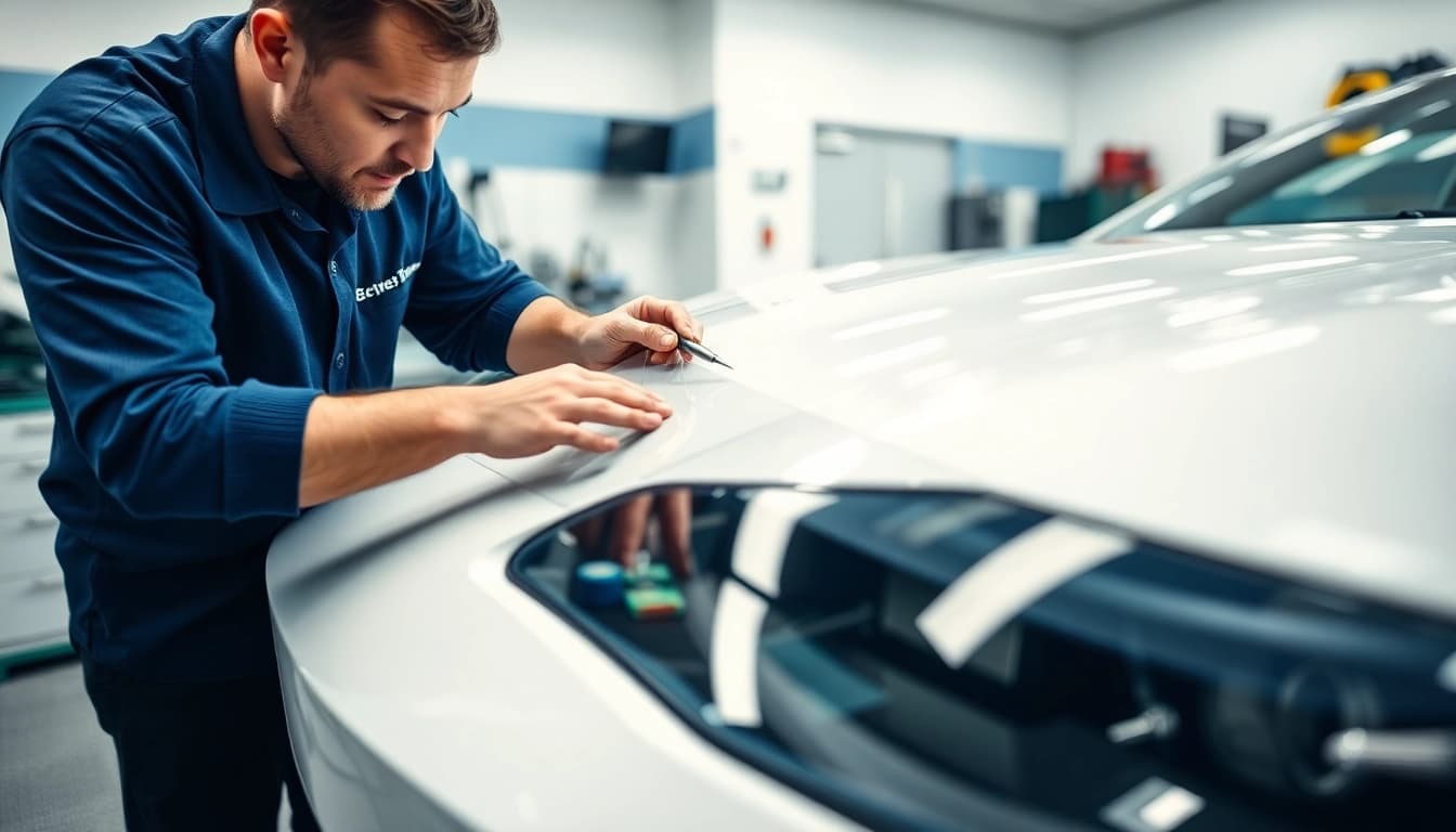 Clear Bra installer applying protective film to a luxury car in a professional shop