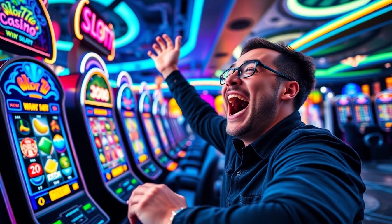 Slot77 pemain merayakan kemenangan besar di kasino online yang penuh warna.