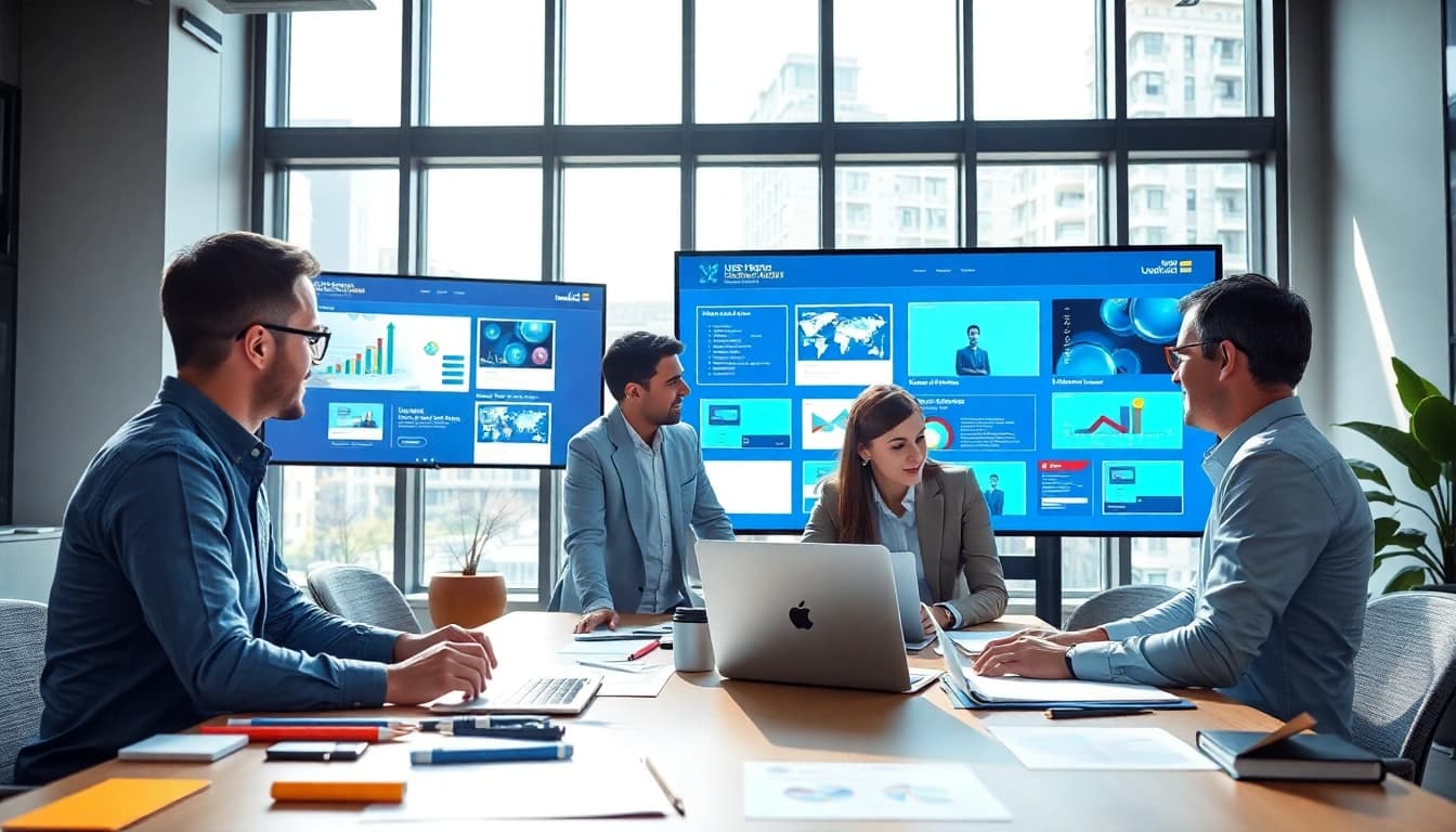 Web design company team collaborating on user-friendly websites in a modern office.