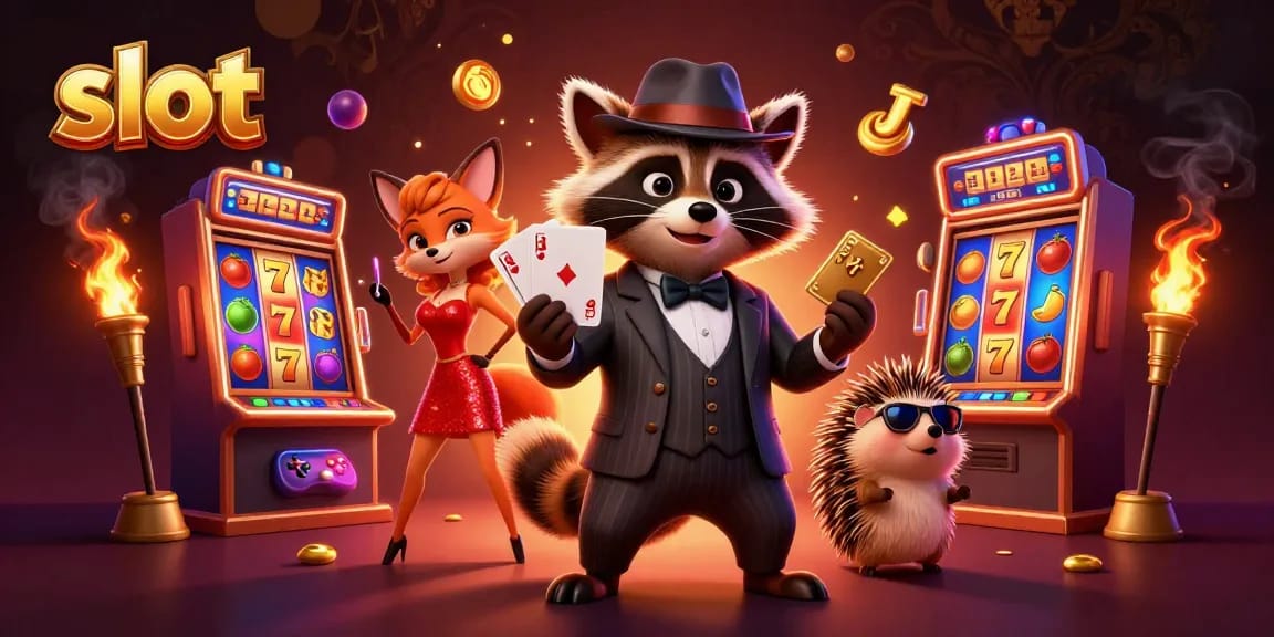 Spin the slot reels with a raccoon holding a royal flush amid vibrant casino symbols.