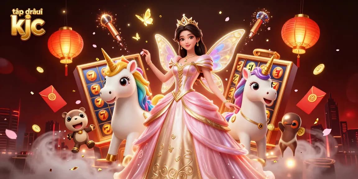 Experience the charm of tập đoàn kjc with a glamorous Asian princess and a golden unicorn in a vibrant casino scene.