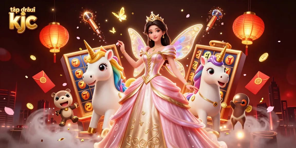 Experience the charm of tập đoàn kjc with a glamorous Asian princess and a golden unicorn in a vibrant casino scene.