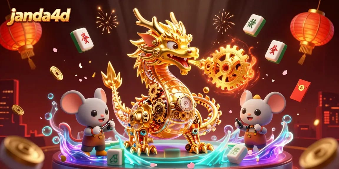 Janda4d menghadirkan dragon emas biomekanik dalam ilustrasi kasino dengan elemen keberuntungan dan gemerlap.