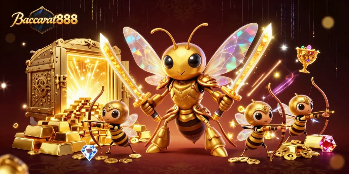 Baccarat888 showcases a vibrant 3D illustration of a giant golden hornet samurai and bee archers engaging in a thrilling casino atmosphere.