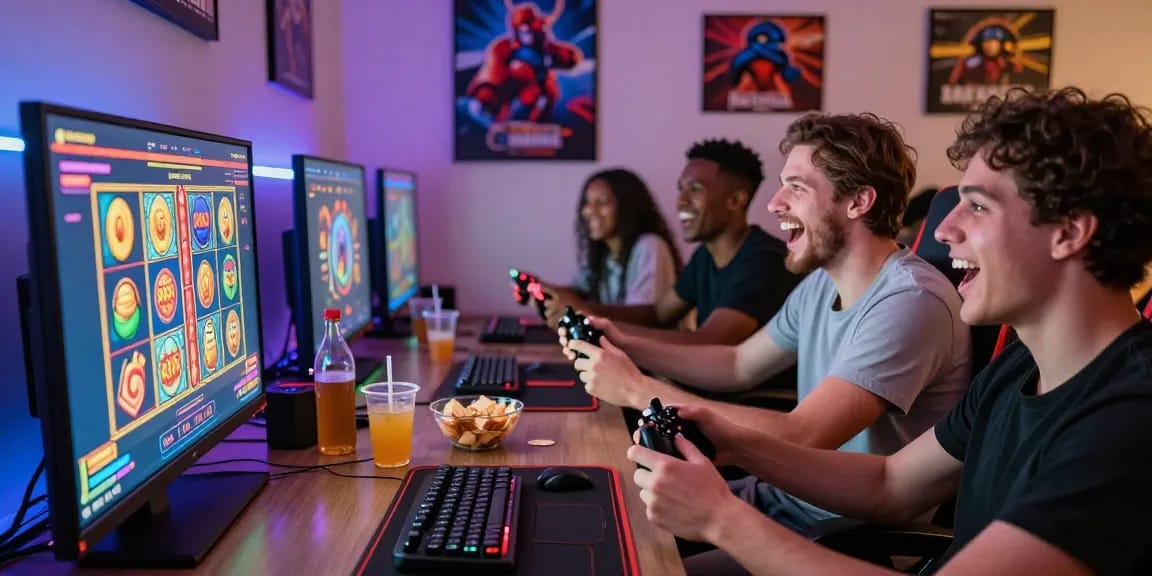 Friends enjoying gaming session with rokok88 slot login on screen, vibrant atmosphere with snacks and LED lights.
