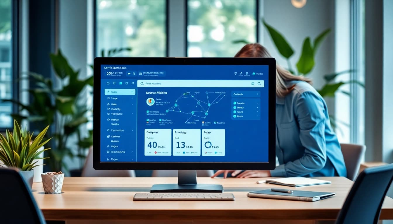 Showcasing professionals collaborating on enterprise search tools in a bright office.
