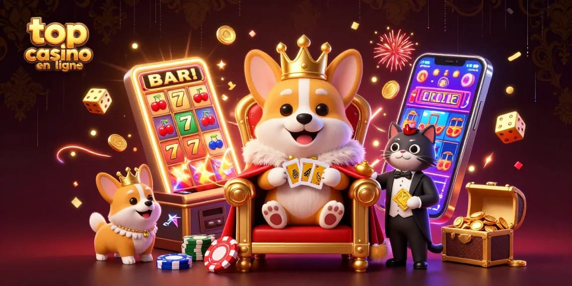 Jouez au meilleur casino en ligne avec le corgi royal et son majordome dans une ambiance de jackpot illuminée.