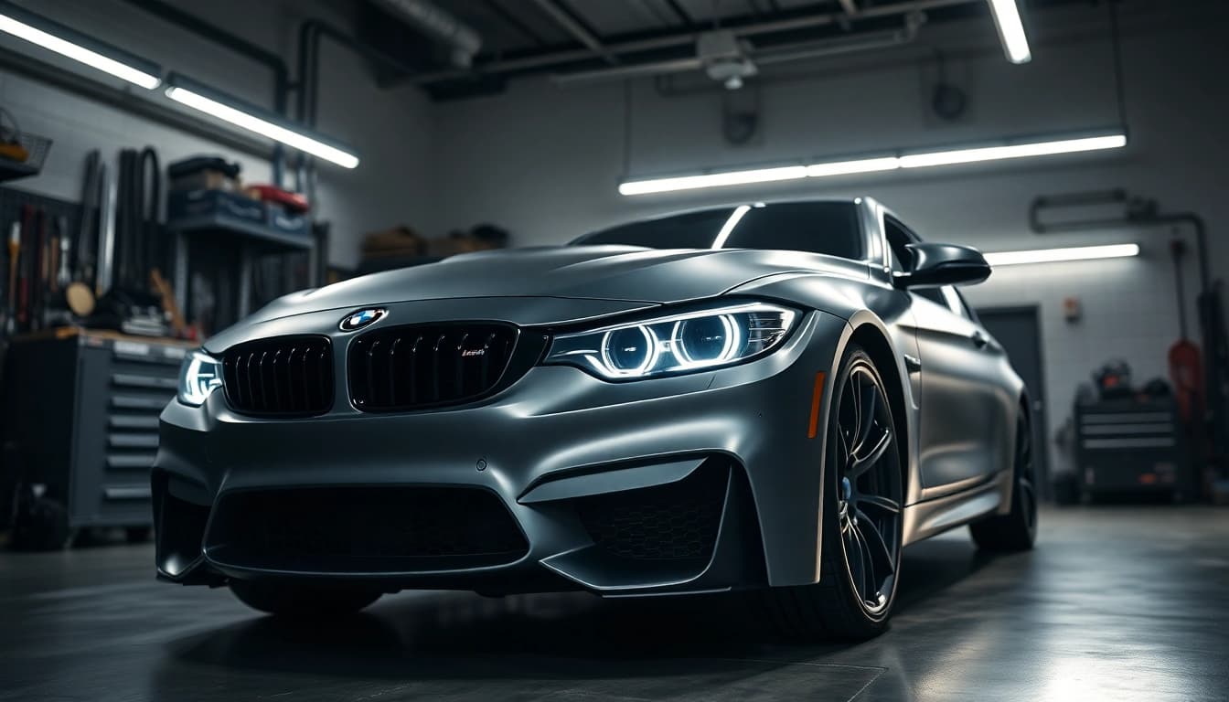 Modifying BMW G82 M4 Headlight Delete in an upscale garage environment.