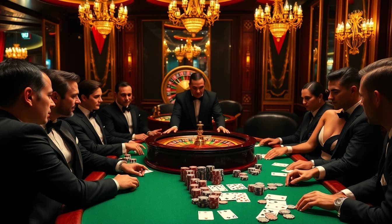 Atmosphère de jeu excitante au meilleur casino en ligne avec des jetons de poker et une roue de roulette.