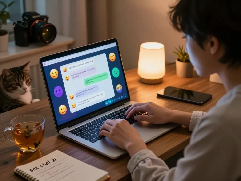 Engaging scene of a user interacting with a chatbot about sex chat ai, showcasing digital intimacy in a cozy room.