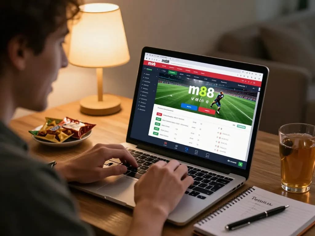 Người đam mê cá cược tương tác với liên kết m88 mới nhất trên máy tính xách tay, thể hiện cá cược trực tuyến chiến lược.