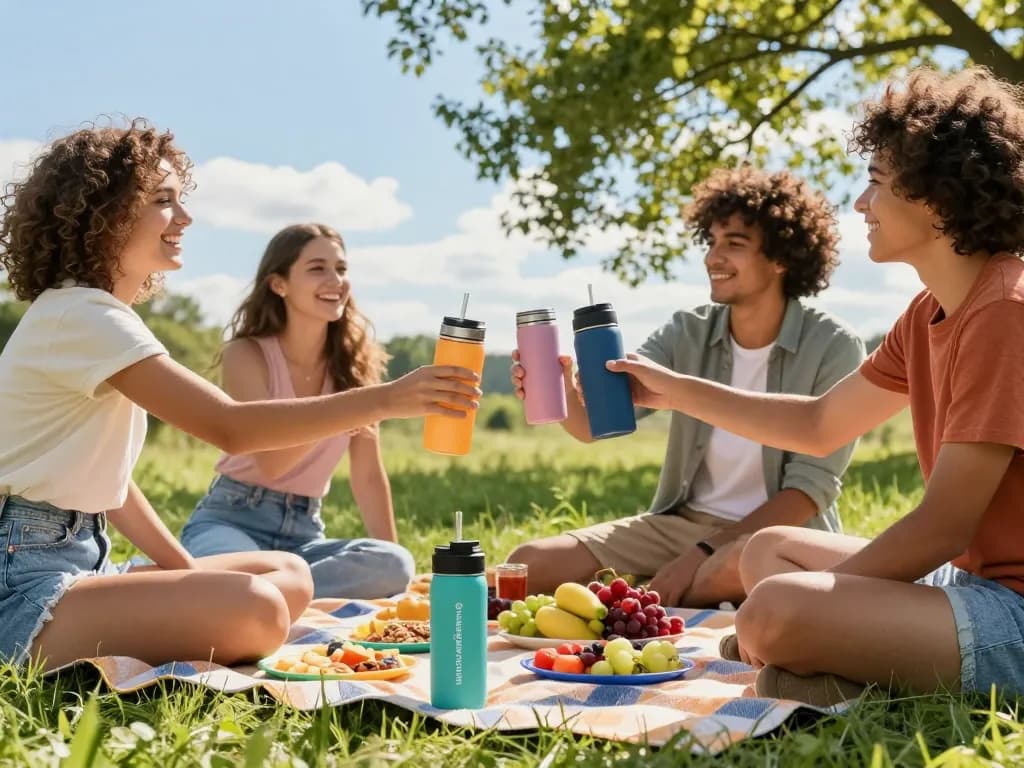draugai mėgaujasi pikniku su termo puodeliai su reklaminiu užrašu, kuriant gyvą prekės ženklo buvimą.