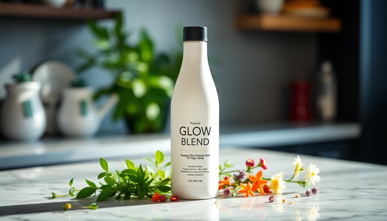 Showcase of Glow Blend bottle highlighting sleek design and natural ingredients.