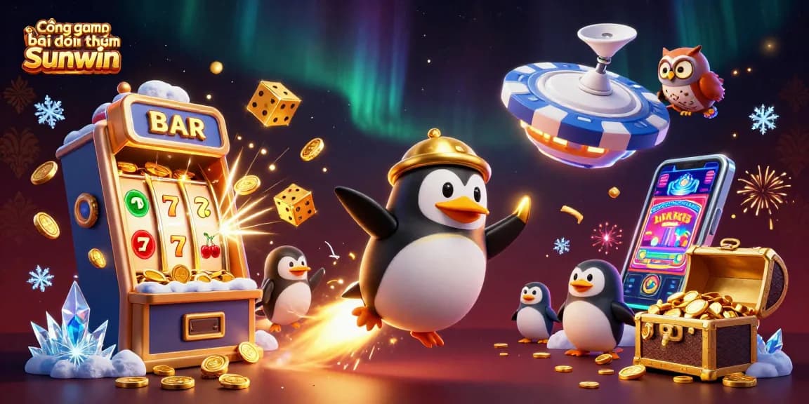 Cổng game bài đổi thưởng Sunwin features a dazzling 3D scene with vibrant characters and casino elements, showcasing thrilling action and excitement in gaming.