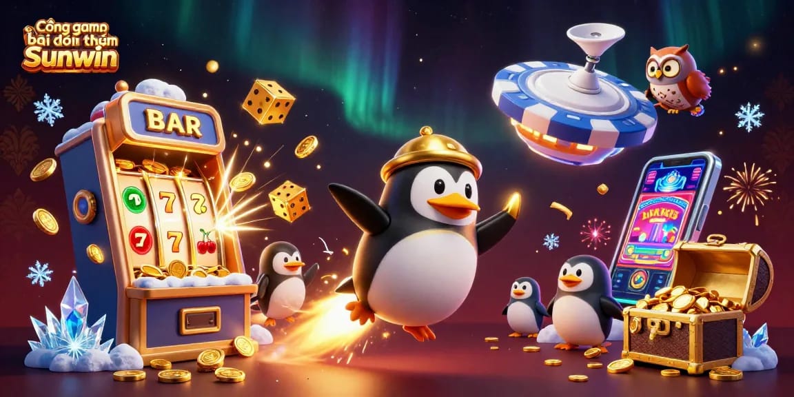 Cổng game bài đổi thưởng Sunwin features a dazzling 3D scene with vibrant characters and casino elements, showcasing thrilling action and excitement in gaming.