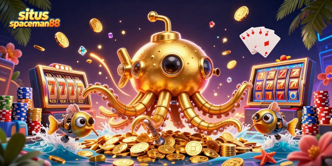 Experience the excitement of situs spaceman88 with golden kraken and vibrant slot elements amidst cascading coins.