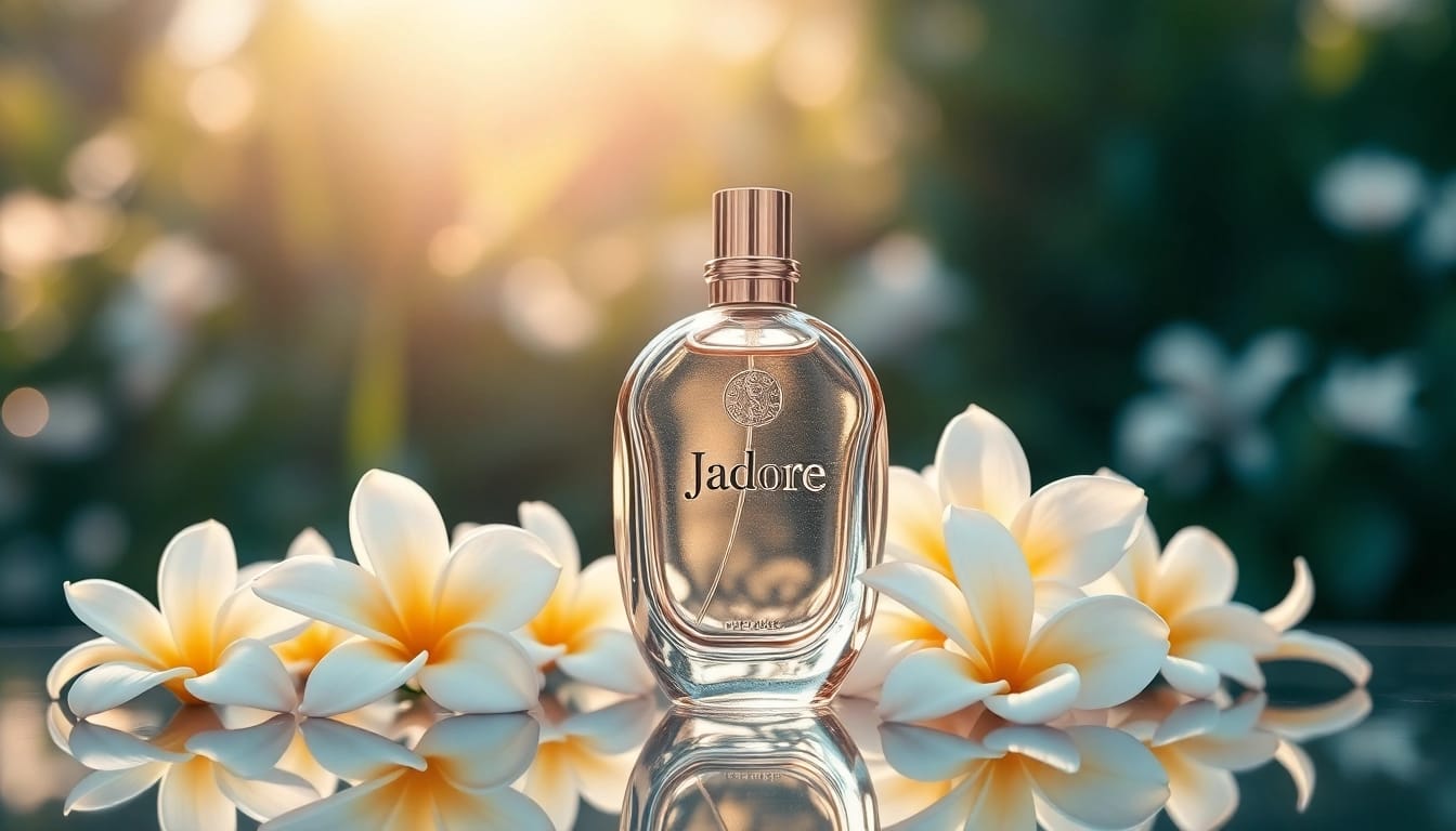 Admire Jadore perfume elegantly positioned among fresh flowers in a serene garden.