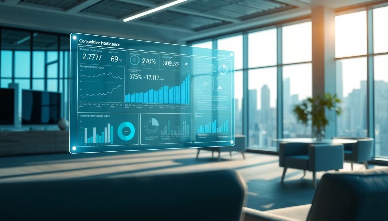 Analyze competitive intelligence data using AI tools in a modern office setting.