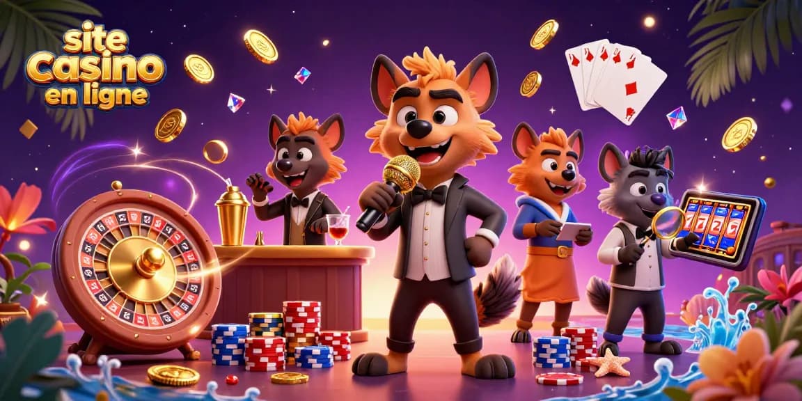 Hyènes animées au site casino en ligne, illustrant l'humour avec des jeux de casino et des gains scintillants.