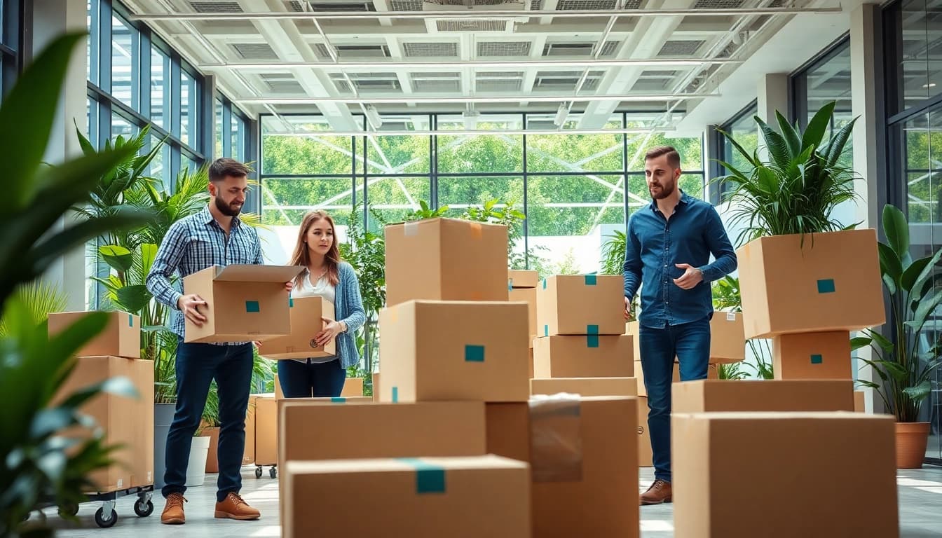 Corporate relocation in action with professional movers packing an office space.