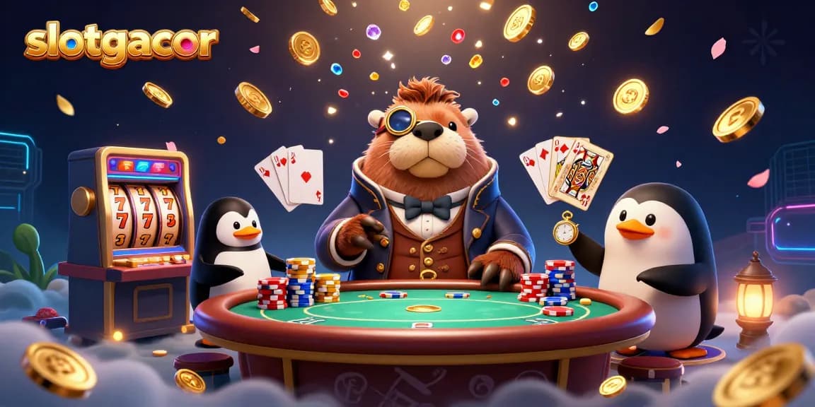 Play slotgacor with engaging characters at an underwater poker table surrounded by coins and gems.