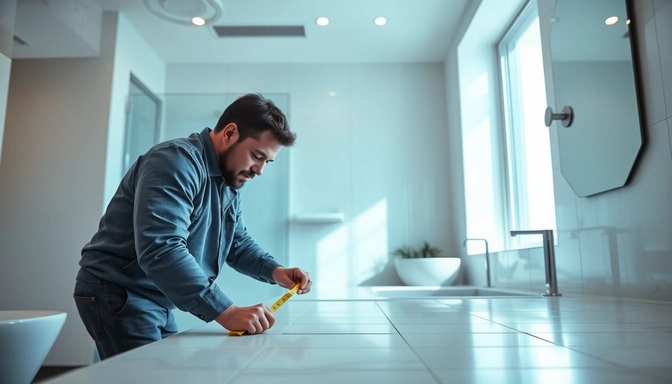 Skilled bathroom remodel contractor measuring tiles in a beautifully renovated bathroom.