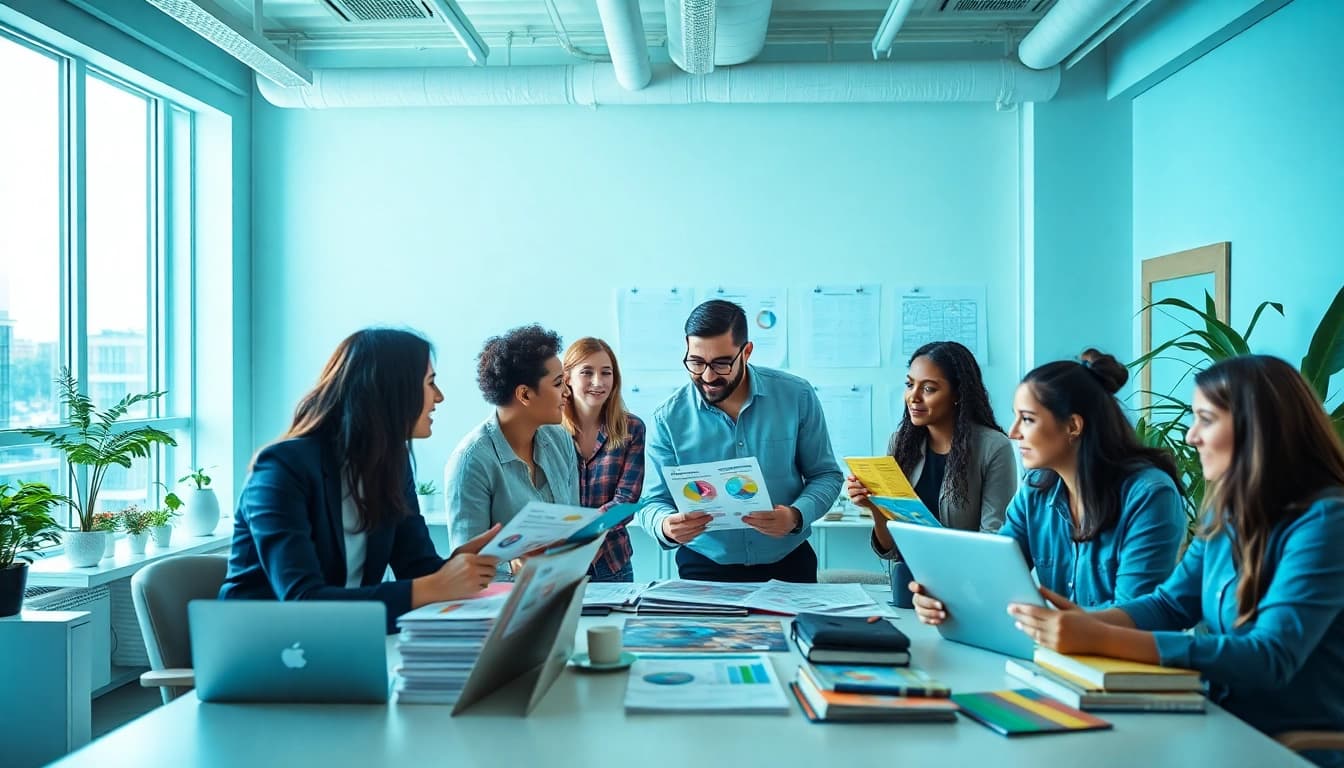 Engaged team in a direct mail company designing marketing materials in a bright office.