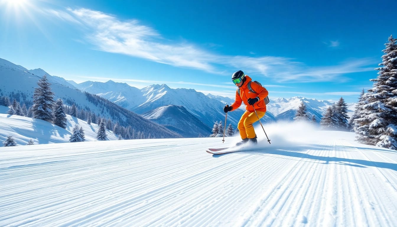 Experience end-of-season ski clearance with vibrant skier on snow-covered slope.