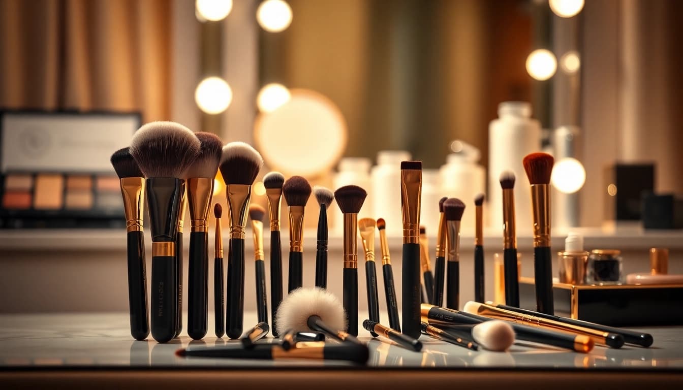 Showcase of makeup blending brushes elegantly arranged on a vanity for makeup enthusiasts.