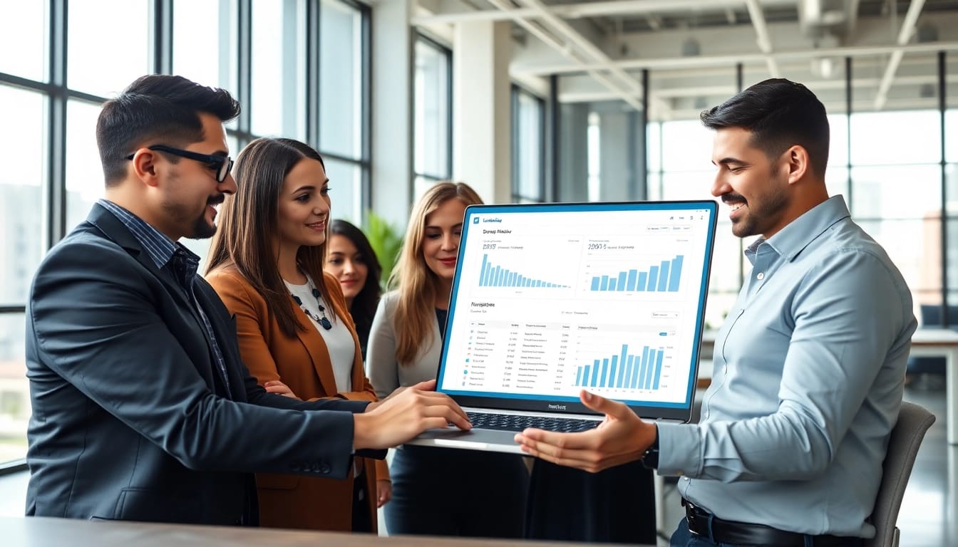 Utilize a linkedin sales navigator scraper in a modern office, showcasing a collaborative business team.