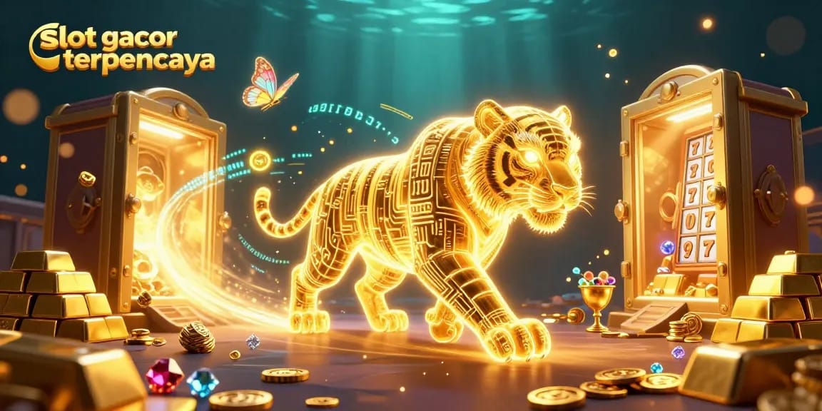 Engage with slot gacor terpercaya, featuring a golden tiger and dazzling casino treasures in a vibrant digital landscape.