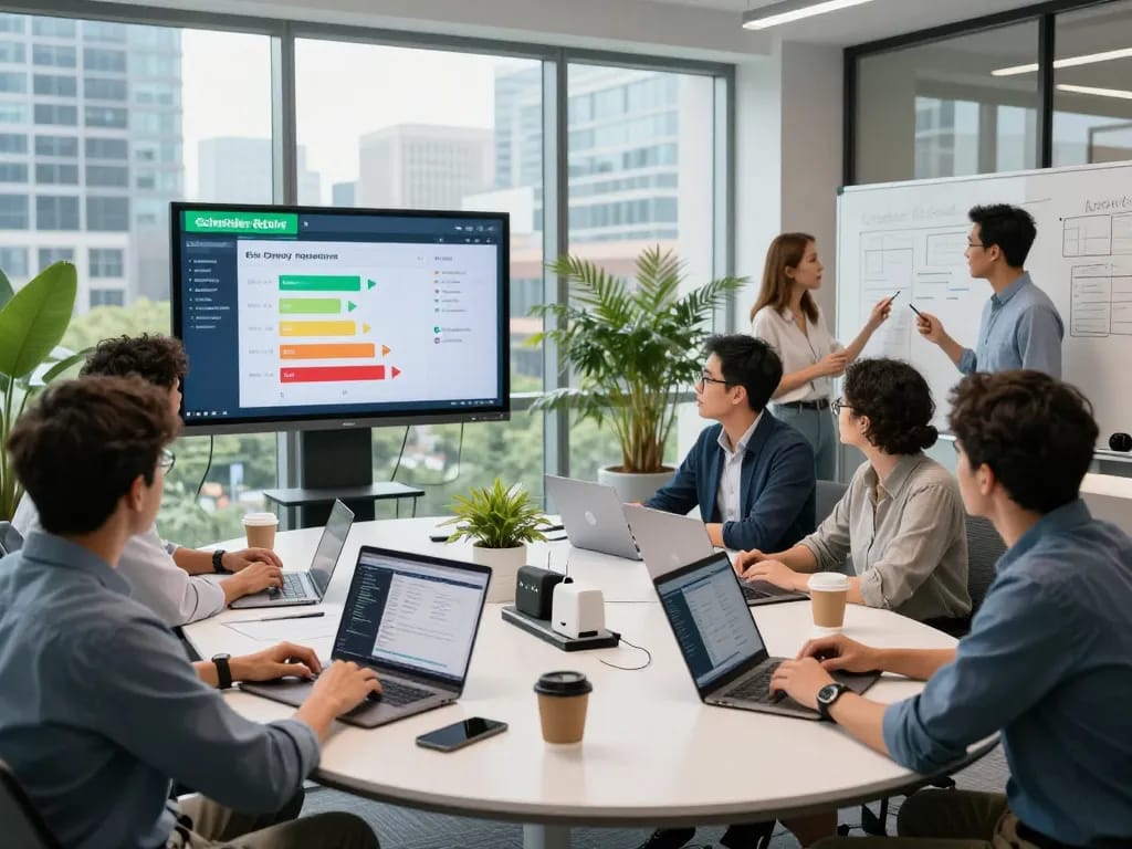 Team collaborating on Schneider Electric energy management solutions in a modern office space.
