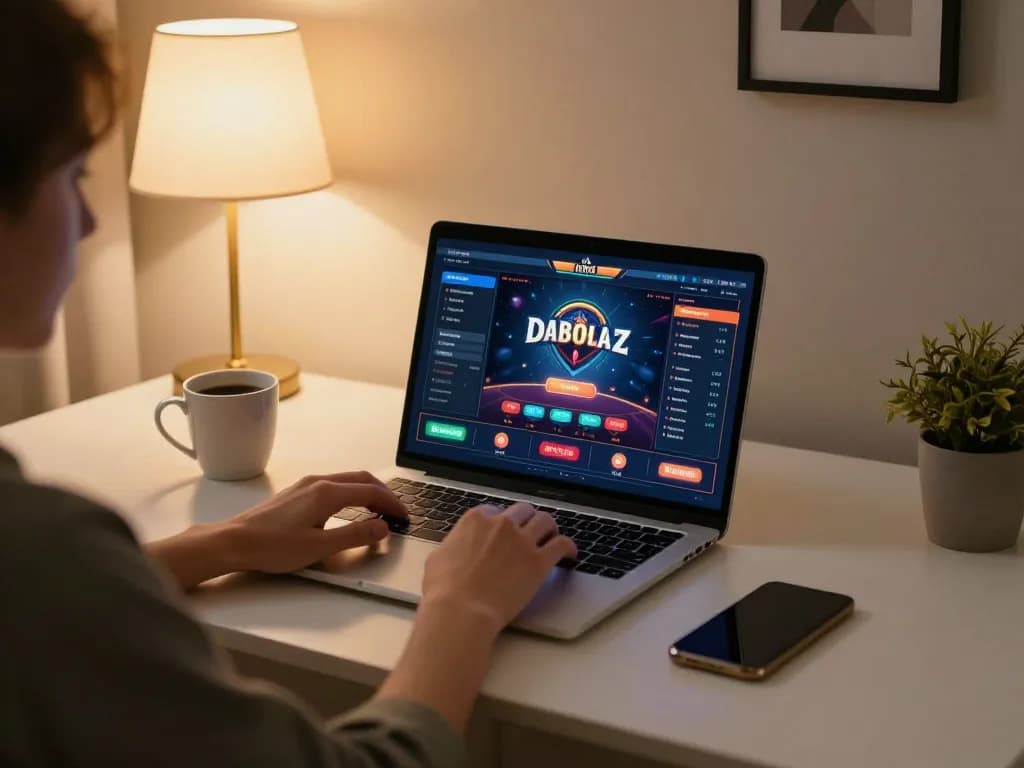 Truy cập ngay the best online casino experience, engaging in gameplay on a laptop with warm home ambiance