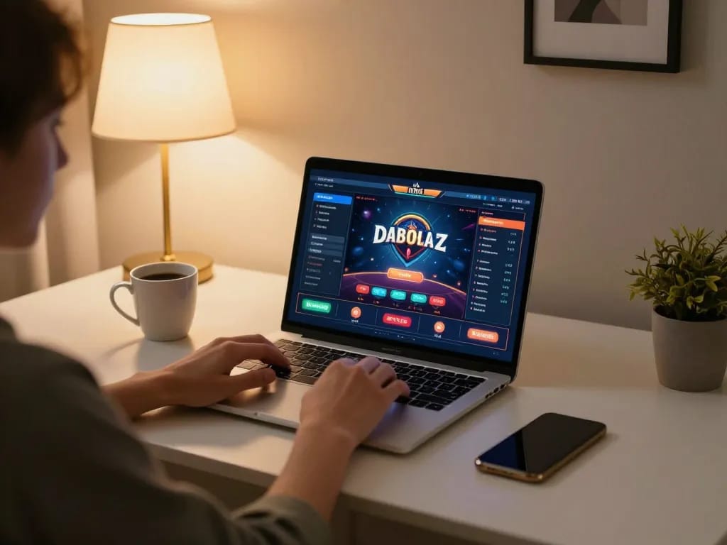 Truy cập ngay the best online casino experience, engaging in gameplay on a laptop with warm home ambiance