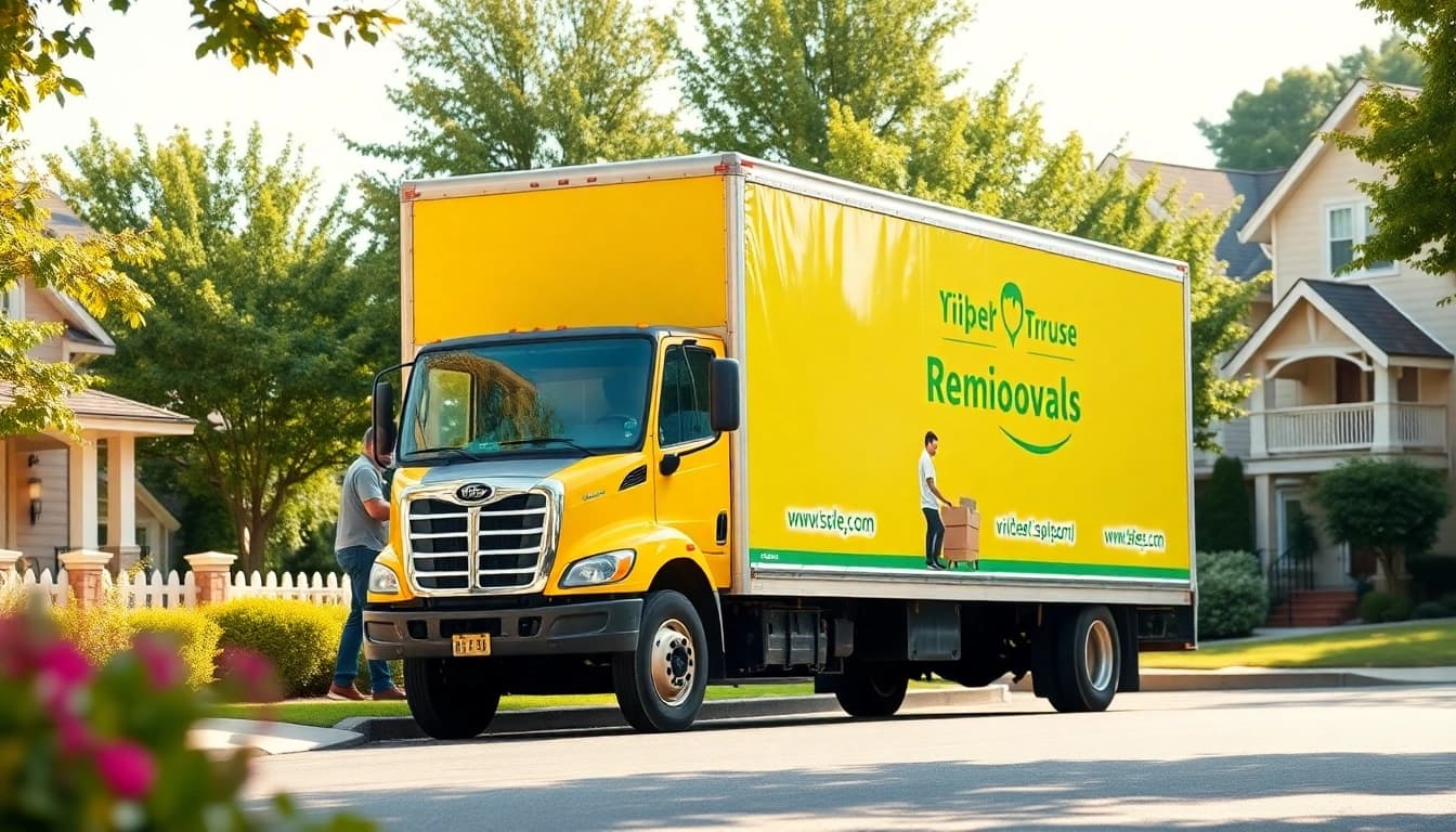 Efficient removals near me represented by a moving truck in a sunny residential area.