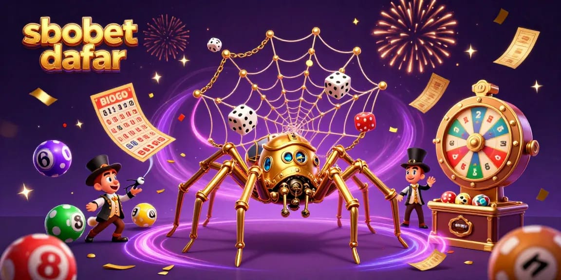 Experience sbobet daftar with vibrant lottery elements and a steampunk spider in action.