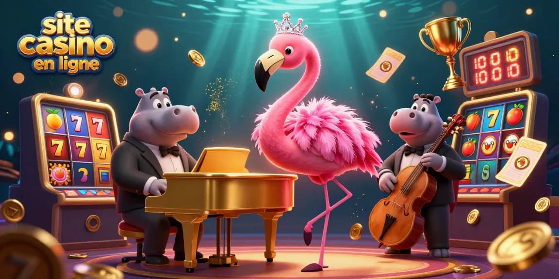 Jouez sur un site de casino en ligne animé par une chanteuse flamant et un bassiste hippopotame en 2026.