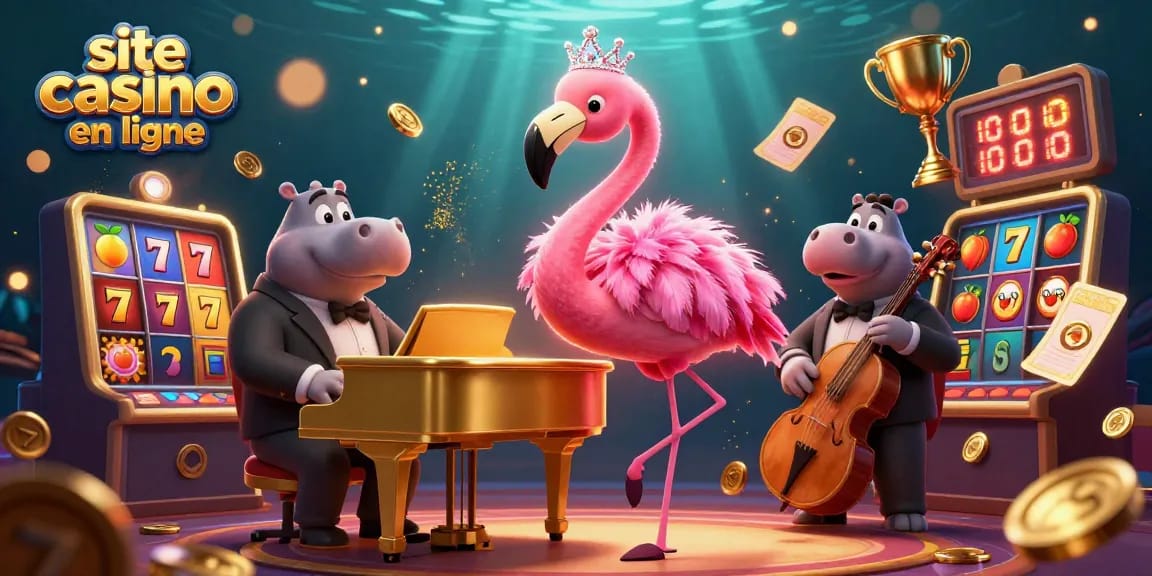 Jouez sur un site de casino en ligne animé par une chanteuse flamant et un bassiste hippopotame en 2026.