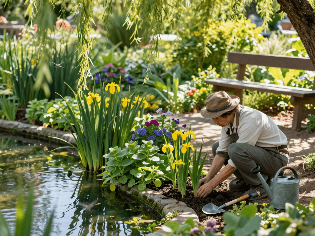Gardener planting Marginal Pond Plants by tranquil pond, surrounded by lush greenery and flowers.