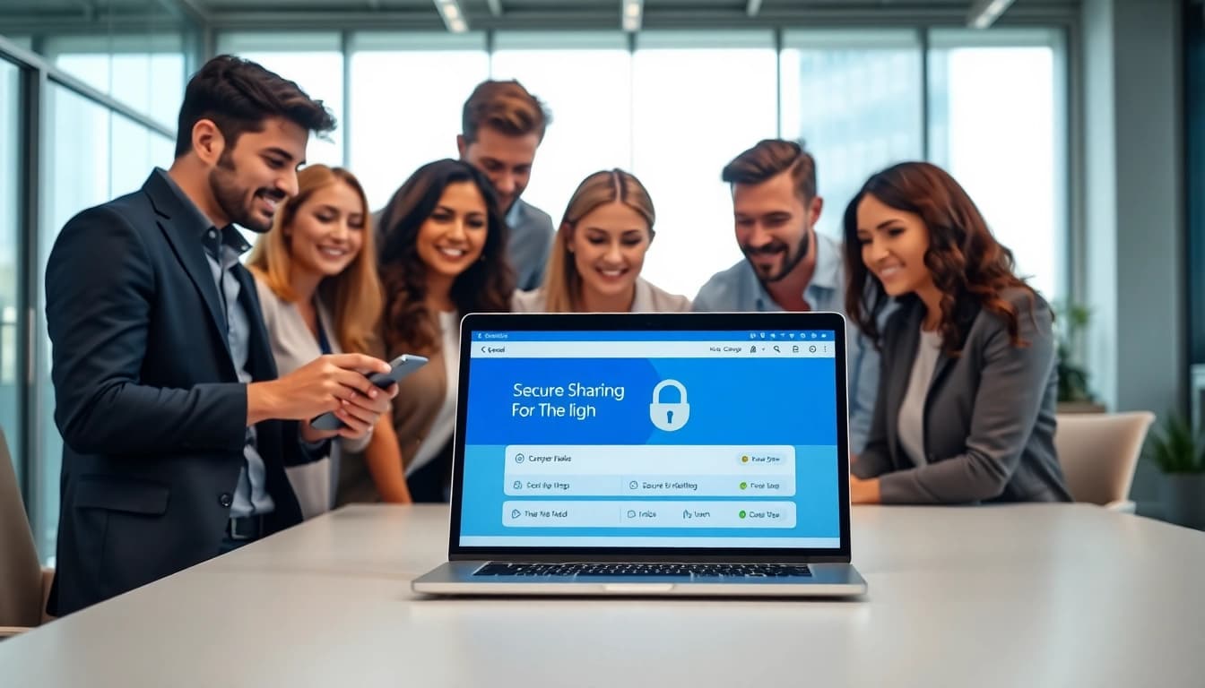 Engage with a secure link sharing platform displayed in a collaborative office setting.
