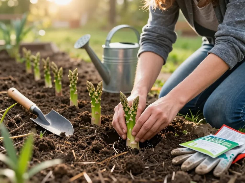 Gardener planting asparagus crowns in rich soil, showcasing the process of asperges planten.